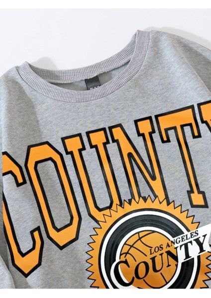 Kadın Gri Oversize County Baskılı Sweatshirt fiyatları