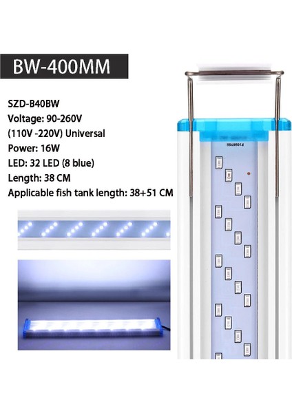 400 Beyaz-Mavi Tarzı Akvaryum LED Işığı, Akvaryum Görüntüleme Manzarası, Su Yosunu LED Işığı, Genişletilebilir cm Su Geçirmez Klipsli Işık (Yurt Dışından)
