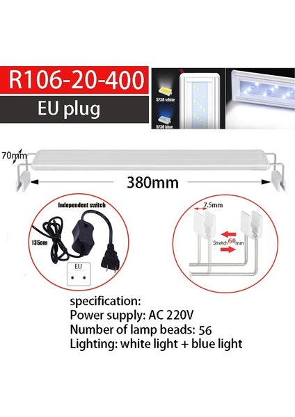 R106-400-220VEU Fiş Stili Balık Tankı LED Işığı Ultra Ince Balık Tankı Sucul Bitki Büyüme Işığı Su Geçirmez Vurgulama Klipsi Işığı LED cm LED Işığı (Yurt Dışından)