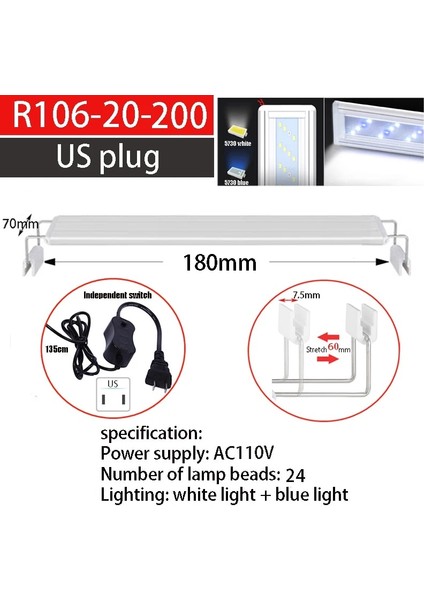 R106-200-110VUS Fiş Stili Balık Tankı LED Işığı Ultra Ince Balık Tankı Sucul Bitki Büyüme Işığı Su Geçirmez Vurgulama Klipsi Işığı LED cm LED Işığı (Yurt Dışından)
