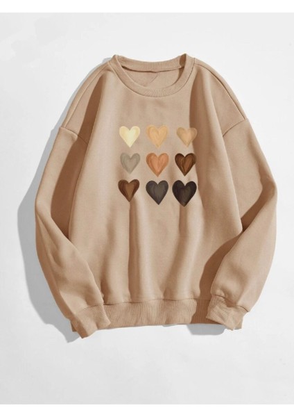 Kadın Oversize Beyaz Kalp Baskılı 3iplik Sweatshirt