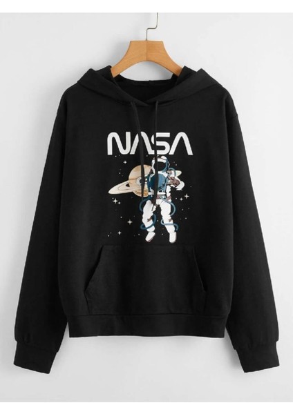 Kapşonlu Uzay Baskılı Sweatshirt Oversize Içi Yünsüz