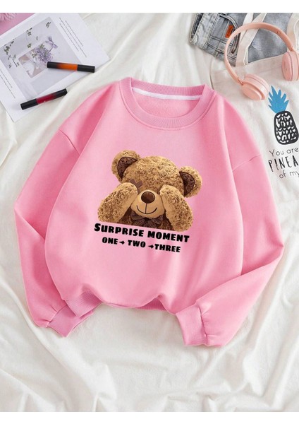Ayıcık Baskılı Bisiklet Yaka Siyah Oversize Sweatshirt