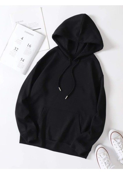 Siyah Kapüşonlu 3 Iplik Oversize Swetshirt