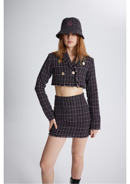 Tüvit Kumaş Mini Tweed Etek Siyah modelleri