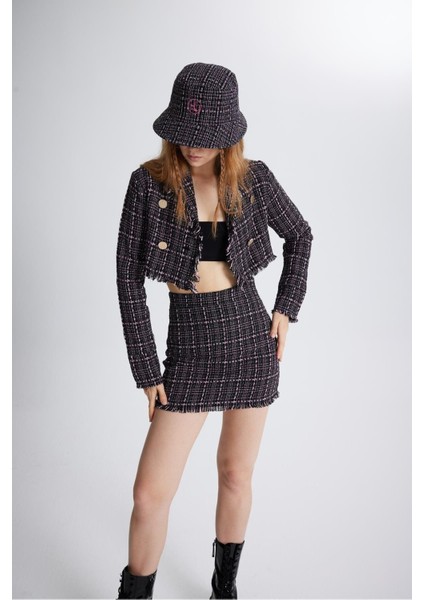 Tüvit Kumaş Mini Tweed Etek Siyah