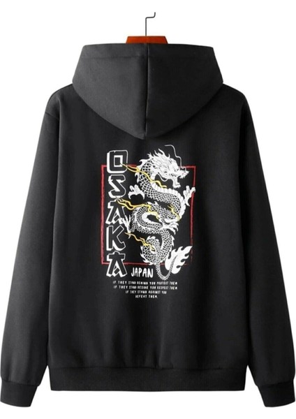 Siyah Osaka Basklı Kapüşonlu Oversize Sweatshirt