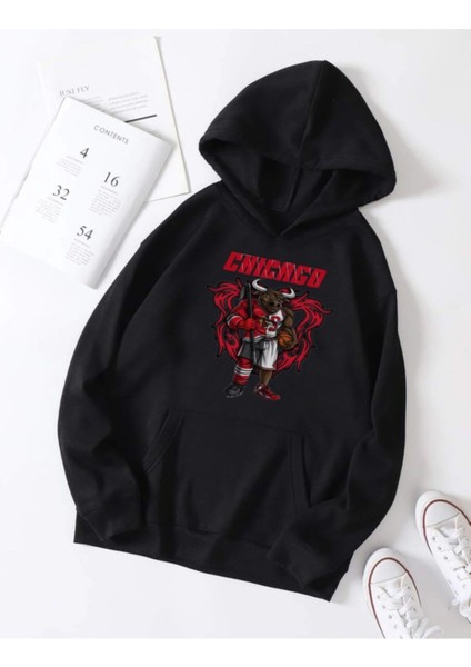 Oversize Siyah Chicago Bull Baskılı Kapüşonlu