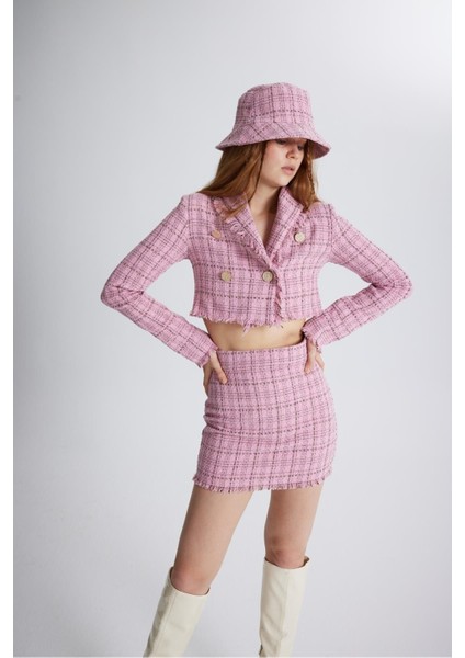 Tüvit Kumaş Mini Tweed Etek Pembe