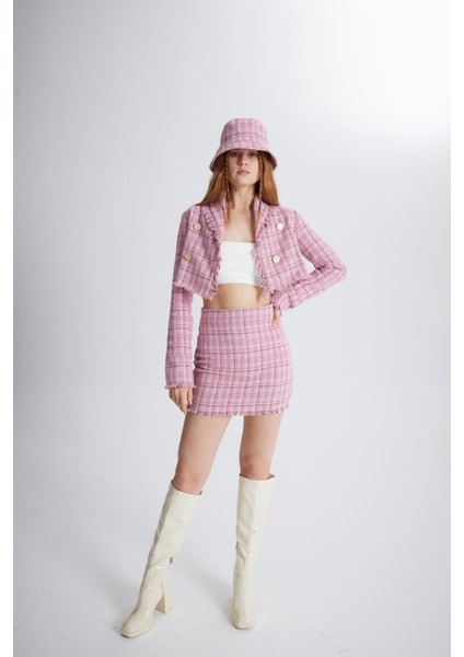 Tüvit Kumaş Mini Tweed Etek Pembe fiyatları