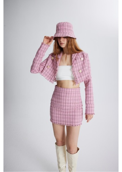 Tüvit Kumaş Mini Tweed Etek Pembe modelleri