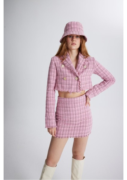 Tüvit Kumaş Mini Tweed Etek Pembe