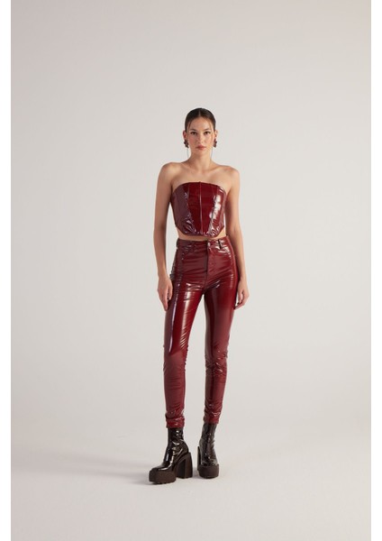 Yüksek Bel Rugan Deri Bria Pantolon Bordo