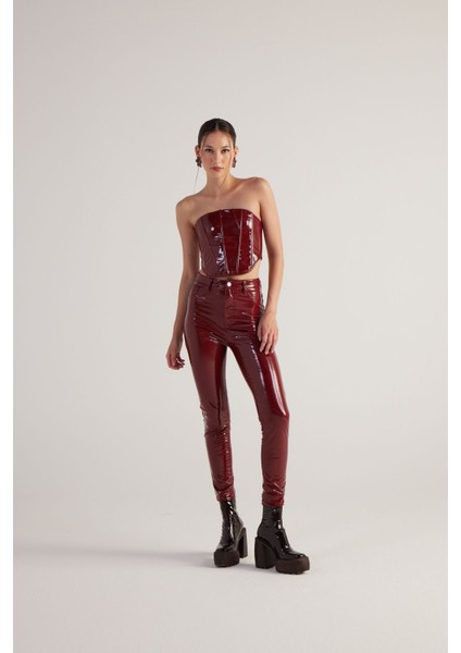 Yüksek Bel Rugan Deri Bria Pantolon Bordo modelleri