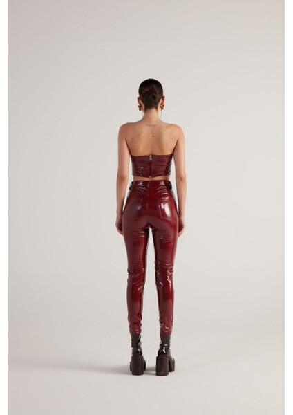 Yüksek Bel Rugan Deri Bria Pantolon Bordo fırsatları