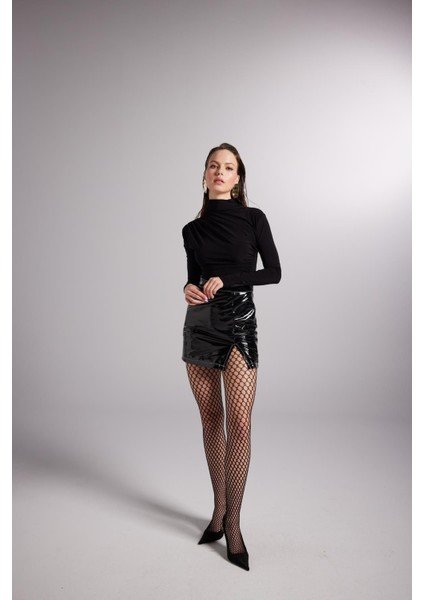 Yırtmaçlı Astarlı Rugan Mini Bria Etek Siyah fiyatları