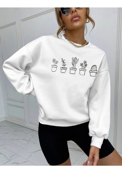 Kadın Oversize Kaktüs Baskılı Beyaz 3 Iplik Sweatshirt