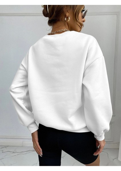 Kadın Oversize Kaktüs Baskılı Beyaz 3 Iplik Sweatshirt fiyatları