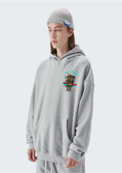 Oversize Gri No Fears Baskılı Kapüşonlu 3 Iplik Sweatshirt fiyatları