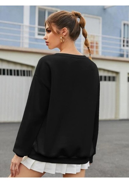Kadın Oversize Siyah Virginia Baskılı Sweatshirt modelleri