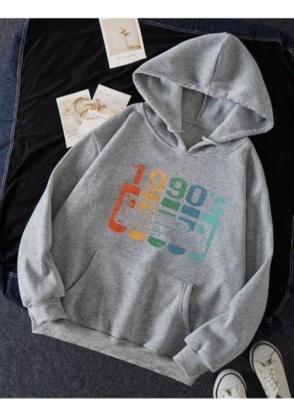 Oversize Gri 1990'S Baskılı Kapüşonlu Sweatshirt