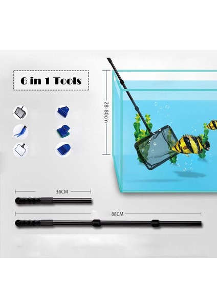 6'sı 1 Arada 88 cm Stili Akvaryum Temizleme Araçları - Ağ Balık Kepçesi Kum Tırmığı Yosun Temizleyici Sünger Çatal Fırça Cam Temizleme Aracı (Yurt Dışından)