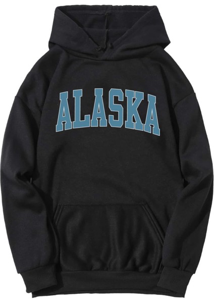 Siyah Kapşonlu Oversize Alaska Baskılı Sweatshirt