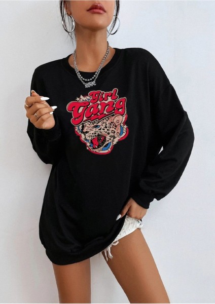 Oversize Siyah Girl Gang Baskılı Sweatshirt