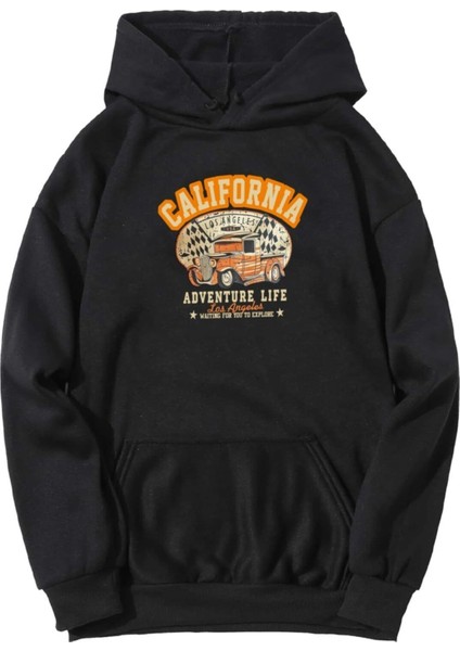 Oversize Siyah Kapşonlu California Baskılı Sweatshirt