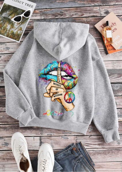 Oversize Gri Kapşonlu Peace Baskılı Sweatshirt