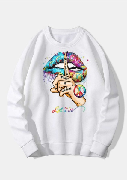 Oversize Beyaz Peace Baskılı 3 Iplik Sweatshirt