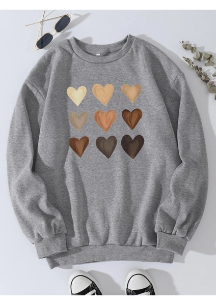 Gri Kalp Baskılı Sweatshirt Oversize