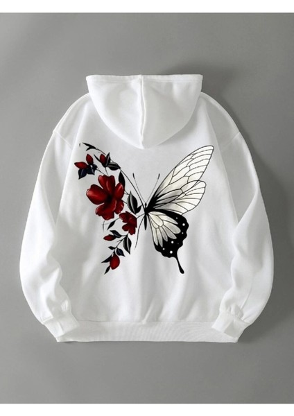 Beyaz Oversize Kırmızı Kelebek Baskılı Kapşonlu Sweatshirt 3iplik