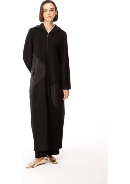 Örme Baharlık Tafta ve Triko Garnili Uzun Kap Ferace-Siyah