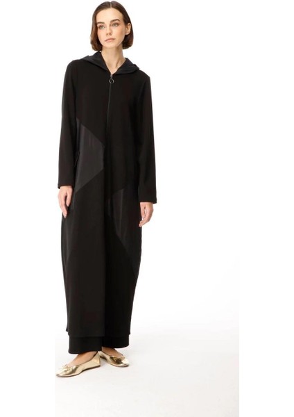 Örme Baharlık Tafta ve Triko Garnili Uzun Kap Ferace-Siyah fiyatları