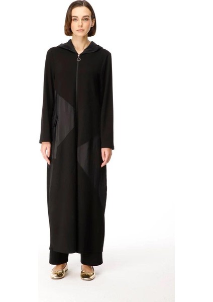 Örme Baharlık Tafta ve Triko Garnili Uzun Kap Ferace-Siyah modelleri