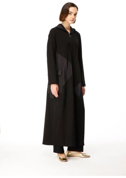 Örme Baharlık Tafta ve Triko Garnili Uzun Kap Ferace-Siyah indirimleri