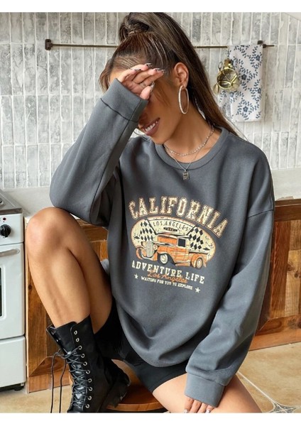 Unsiex 3iplik Oversize Antrasit California Baskılı Sweatshirt