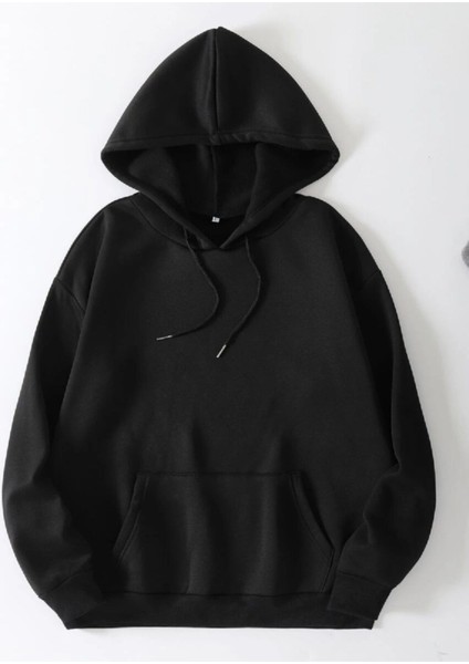 Siyah Anime Baskılı Sweatshirt Kapüşonlu Kangru Cep Oversize