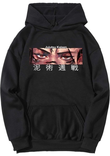 Siyah Anime Jujitsu Kaisen Baskılı Sweatshirt Kapüşonlu Kangru Cep Oversize Içi Yünsüz