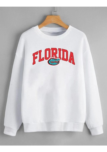3iplik Oversize Beyaz Florida Baskılı Sweatshirt