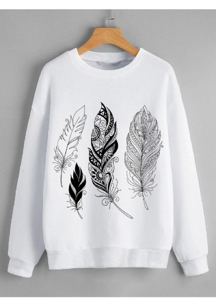 Beyaz Tüy Baskılı Sweatshirt 3iplik