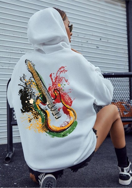 Unsiex Beyaz Oversize Gitar Baskılı Kapşonlu Sweatshirt 3iplik