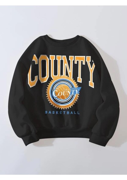 Kadın Siyah Oversize County Baskılı Sweatshirt