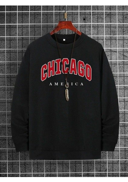 Siyah Chicago Baskılı Oversize Sweatshirt