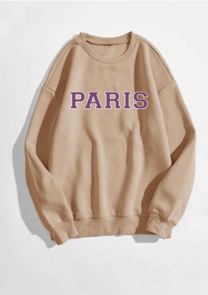Kadın Paris Yazılı Bej Sweatshirt 3 Iplik