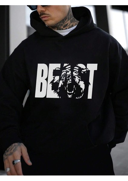 Beast Baskılı Erkek Siyah Kapüşonlu Alt Üst Oversize Eşofman Takımı