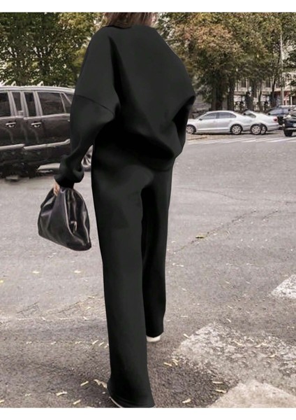 Kadın Siyah Geniş Boru Paça Alt Üst Eşofman Takımı Oversize