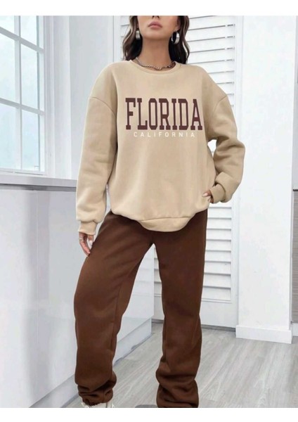Kahve Krem Jogger Sweatshirt Alt Üst Eşofman Takımı Oversize Bisiklet Yaka