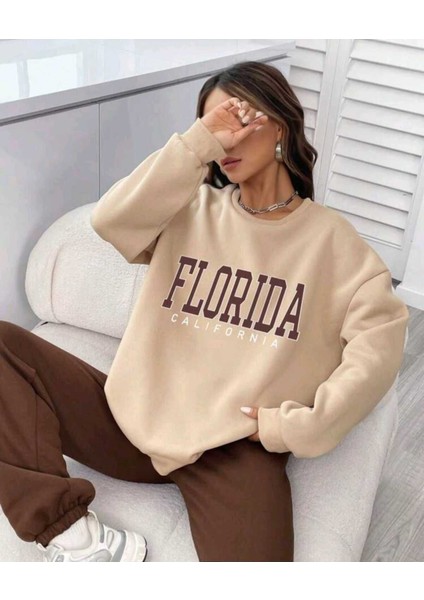 Kahve Krem Jogger Sweatshirt Alt Üst Eşofman Takımı Oversize Bisiklet Yaka